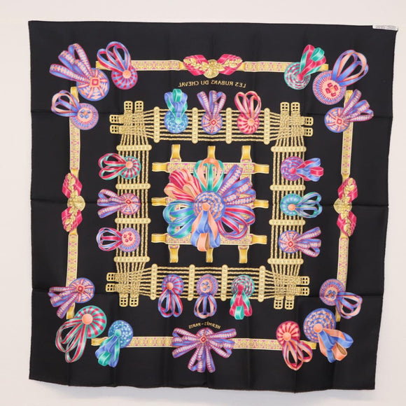 HERMES Carre 90 Scarf ""LES RUBANS DU CHEVAL "" Silk Black Auth 148964