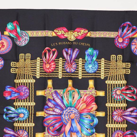HERMES Carre 90 Scarf ""LES RUBANS DU CHEVAL "" Silk Black Auth 148964