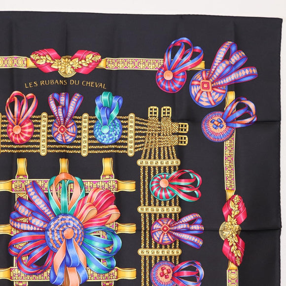 HERMES Carre 90 Scarf ""LES RUBANS DU CHEVAL "" Silk Black Auth 148964