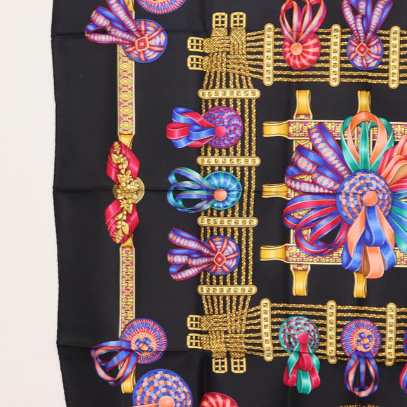 HERMES Carre 90 Scarf ""LES RUBANS DU CHEVAL "" Silk Black Auth 148964