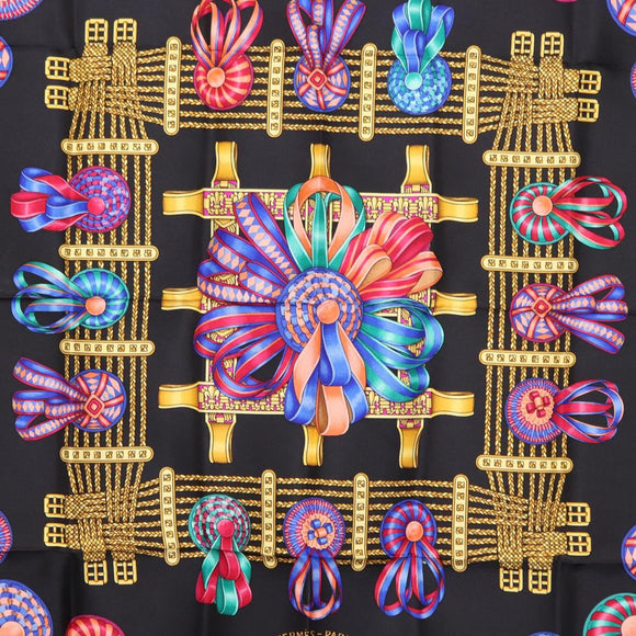 HERMES Carre 90 Scarf ""LES RUBANS DU CHEVAL "" Silk Black Auth 148964