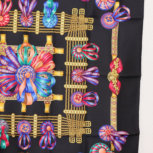 HERMES Carre 90 Scarf ""LES RUBANS DU CHEVAL "" Silk Black Auth 148964