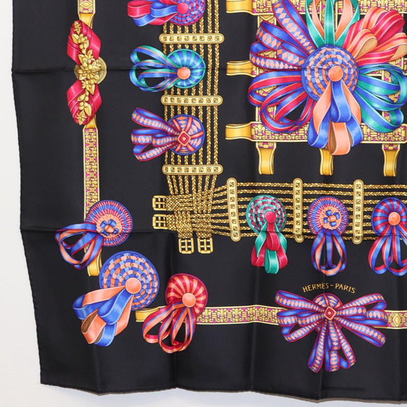 HERMES Carre 90 Scarf ""LES RUBANS DU CHEVAL "" Silk Black Auth 148964