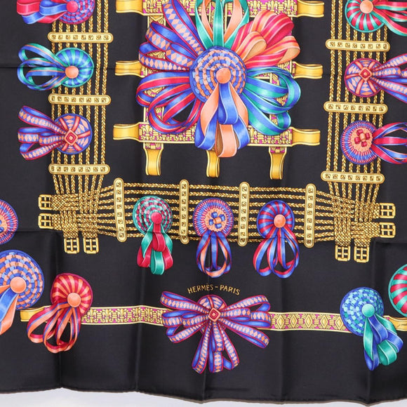 HERMES Carre 90 Scarf ""LES RUBANS DU CHEVAL "" Silk Black Auth 148964
