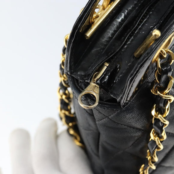 CHANEL Chain Shoulder Bag Lamb Skin Black Gold CC Auth 149046