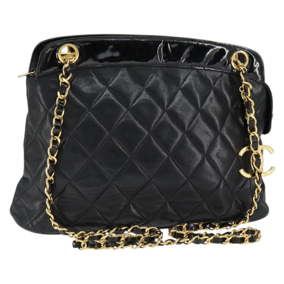 CHANEL Chain Shoulder Bag Lamb Skin Black Gold CC Auth 149046