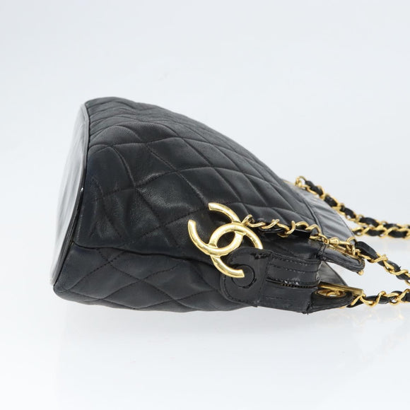 CHANEL Chain Shoulder Bag Lamb Skin Black Gold CC Auth 149046