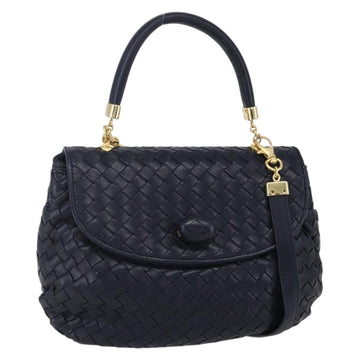BOTTEGA VENETA INTRECCIATO Hand Bag Leather 2way Navy Gold Auth 149061