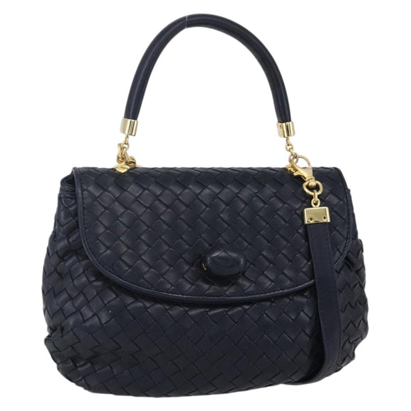 BOTTEGA VENETA INTRECCIATO Hand Bag Leather 2way Navy Gold Auth 149061