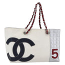 CHANEL Choco Bar Chain Shoulder Bag No5 Canvas Ivory Silver CC Auth 149068-1
