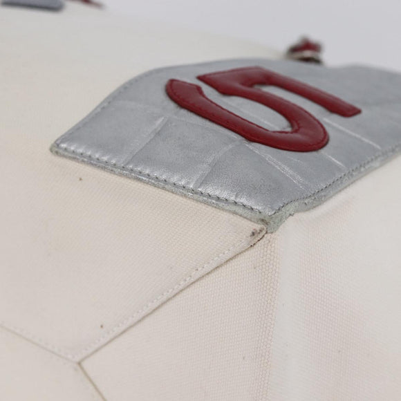 CHANEL Choco Bar Chain Shoulder Bag No5 Canvas Ivory Silver CC Auth 149068