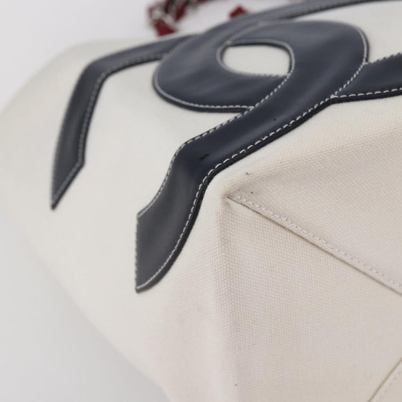 CHANEL Choco Bar Chain Shoulder Bag No5 Canvas Ivory Silver CC Auth 149068