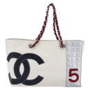 CHANEL Choco Bar Chain Shoulder Bag No5 Canvas Ivory Silver CC Auth 149068-13