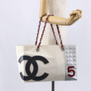 CHANEL Choco Bar Chain Shoulder Bag No5 Canvas Ivory Silver CC Auth 149068-21