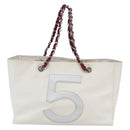 CHANEL Choco Bar Chain Shoulder Bag No5 Canvas Ivory Silver CC Auth 149068-2