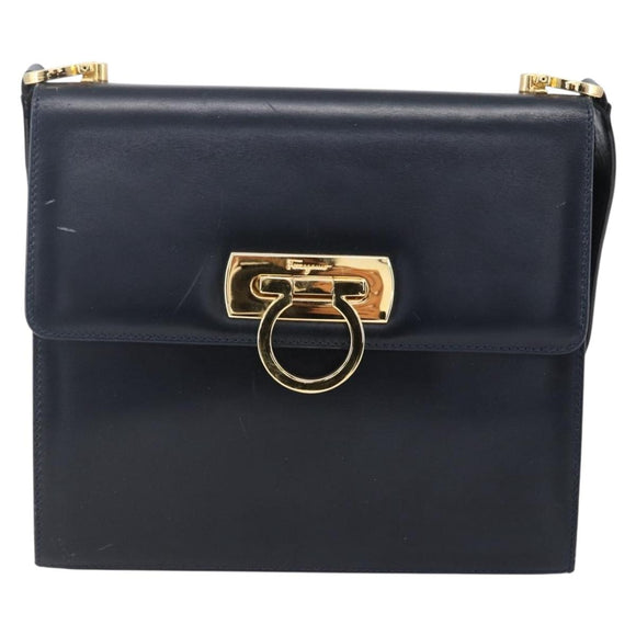 Salvatore Ferragamo Gancini Shoulder Bag Leather Navy Gold Auth 149086
