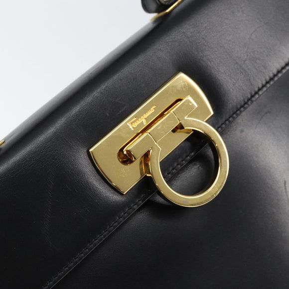 Salvatore Ferragamo Gancini Hand Bag Leather Black Gold Auth 149087