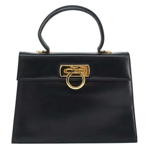 Salvatore Ferragamo Gancini Hand Bag Leather Black Gold Auth 149087