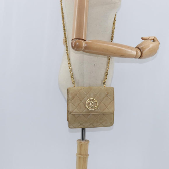 CHANEL Matelasse Chain Shoulder Bag Lamb Skin Beige Gold CC Auth 149120