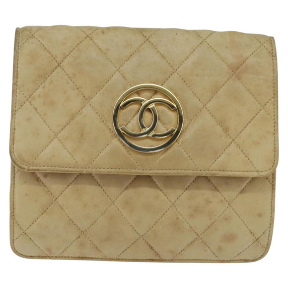 CHANEL Matelasse Chain Shoulder Bag Lamb Skin Beige Gold CC Auth 149120