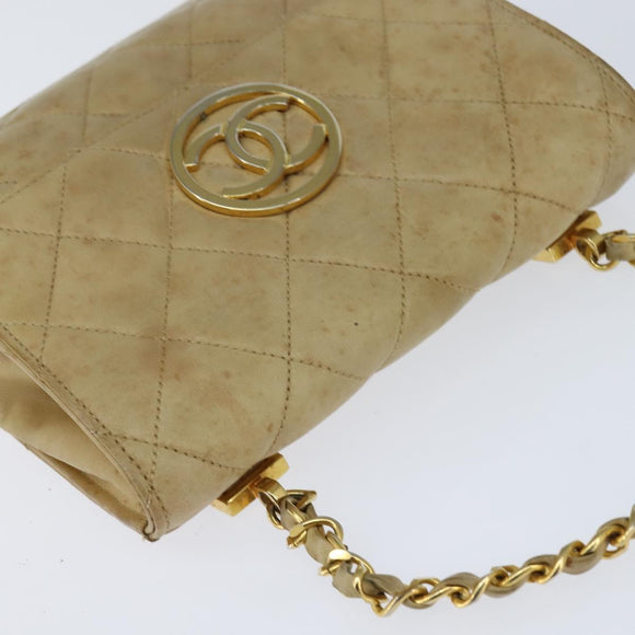 CHANEL Matelasse Chain Shoulder Bag Lamb Skin Beige Gold CC Auth 149120