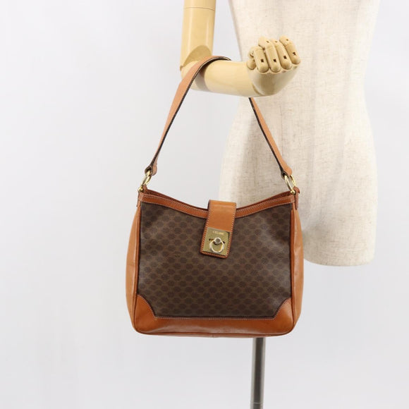CELINE Macadam Canvas Shoulder Bag PVC Leather Brown Gold Auth 149126