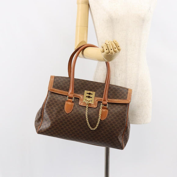 CELINE Macadam Canvas Hand Bag PVC Leather Brown Gold Auth 149128