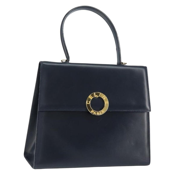 CELINE Circle Hand Bag Leather Navy Gold Auth 149129