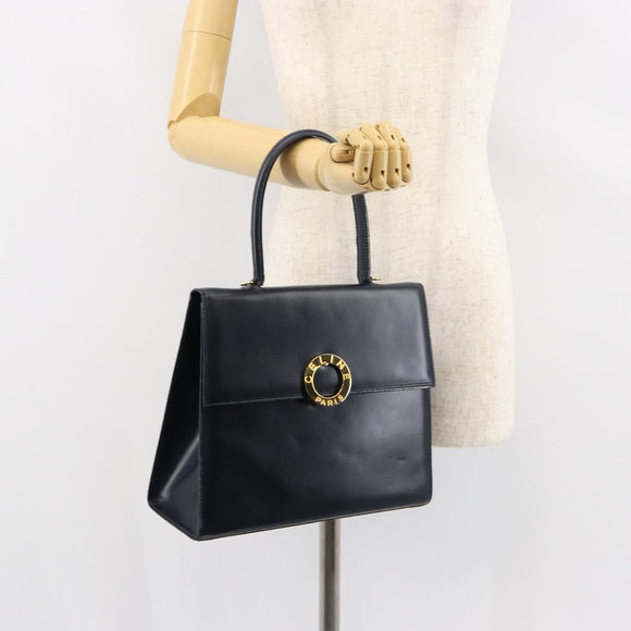 CELINE Circle Hand Bag Leather Navy Gold Auth 149129