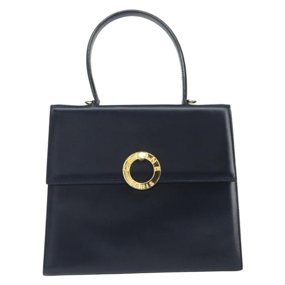 CELINE Circle Hand Bag Leather Navy Gold Auth 149129
