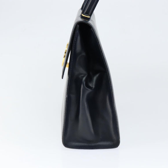 CELINE Circle Hand Bag Leather Navy Gold Auth 149129