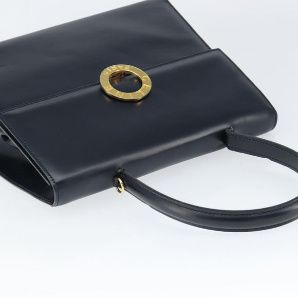 CELINE Circle Hand Bag Leather Navy Gold Auth 149129