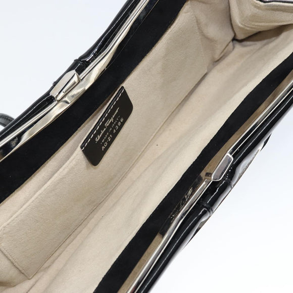 Salvatore Ferragamo Vala Shoulder Bag Enamel Black Silver Auth 149147