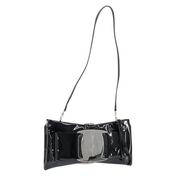 Salvatore Ferragamo Vala Shoulder Bag Enamel Black Silver Auth 149147