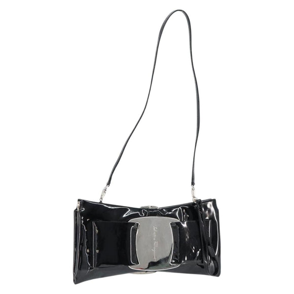 Salvatore Ferragamo Vala Shoulder Bag Enamel Black Silver Auth 149147