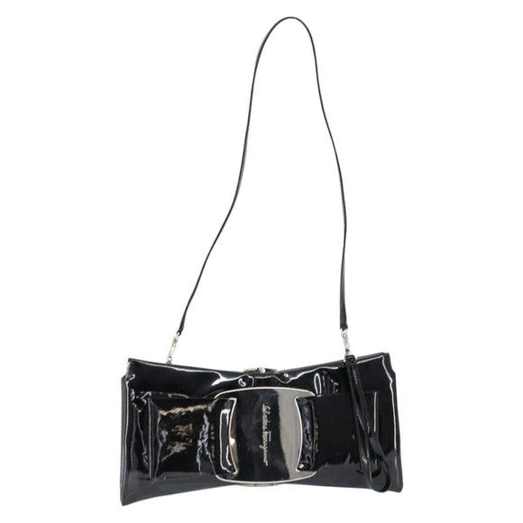Salvatore Ferragamo Vala Shoulder Bag Enamel Black Silver Auth 149147