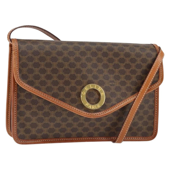 CELINE Macadam Canvas Circle Shoulder Bag PVC Leather Brown Gold Auth 149156