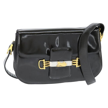 CELINE Horse Carriage Shoulder Bag Enamel Black Gold Auth 149158