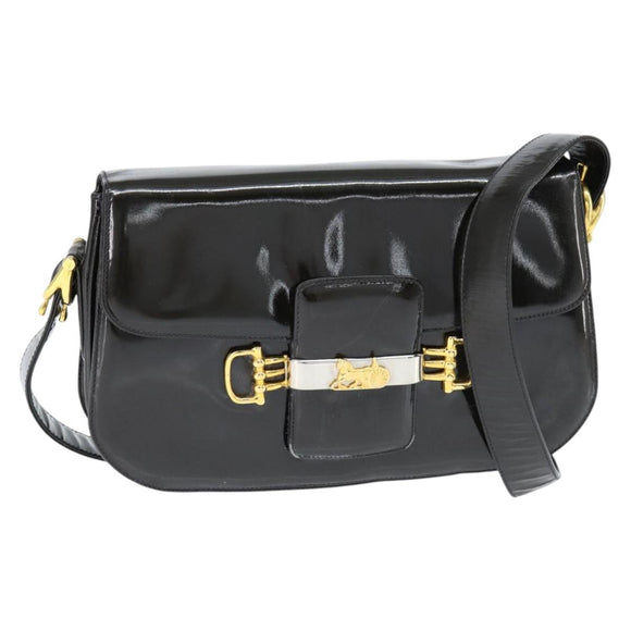CELINE Horse Carriage Shoulder Bag Enamel Black Gold Auth 149158