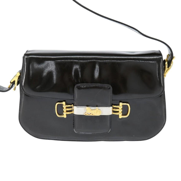 CELINE Horse Carriage Shoulder Bag Enamel Black Gold Auth 149158
