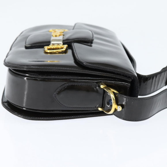 CELINE Horse Carriage Shoulder Bag Enamel Black Gold Auth 149158