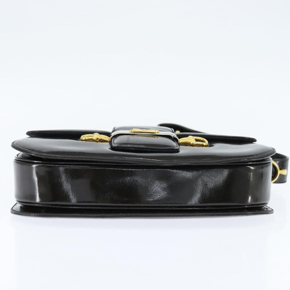 CELINE Horse Carriage Shoulder Bag Enamel Black Gold Auth 149158