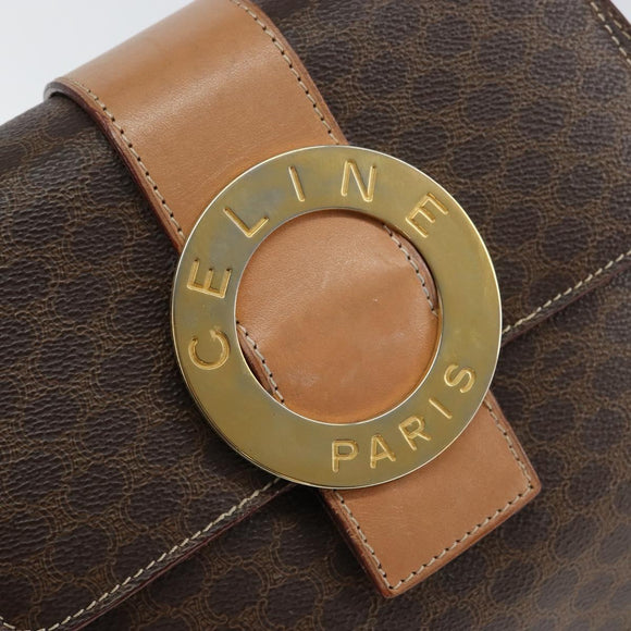 CELINE Circle Macadam Canvas Hand Bag PVC Leather Brown Gold Auth 149189