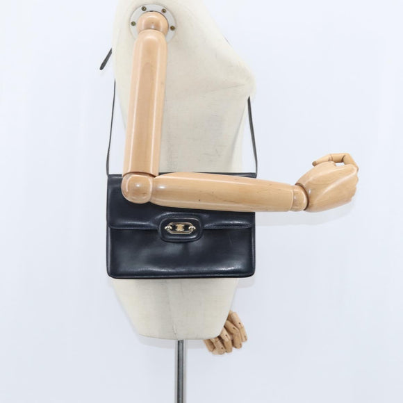 CELINE Shoulder Bag Leather Navy Gold Auth 149191