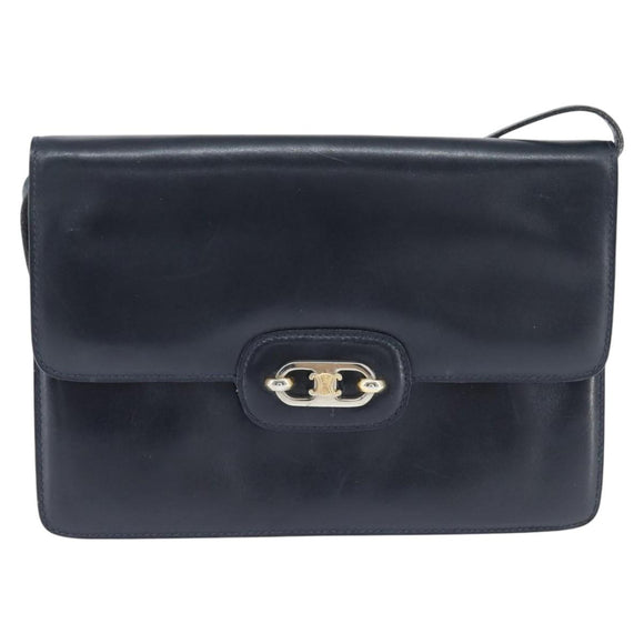 CELINE Shoulder Bag Leather Navy Gold Auth 149191