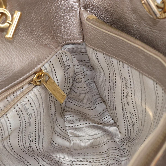 Salvatore Ferragamo Gancini Hand Bag Leather Gold Silver Auth 149193