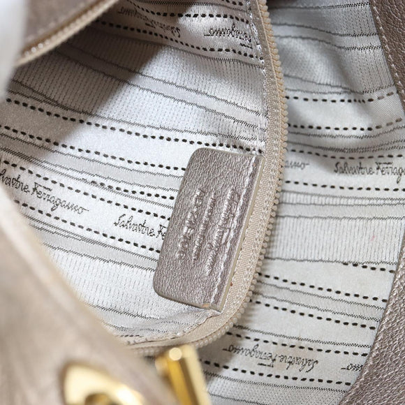 Salvatore Ferragamo Gancini Hand Bag Leather Gold Silver Auth 149193