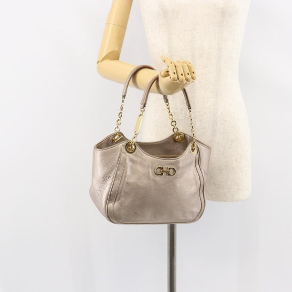 Salvatore Ferragamo Gancini Hand Bag Leather Gold Silver Auth 149193
