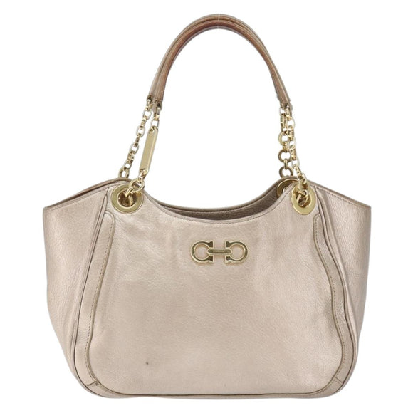 Salvatore Ferragamo Gancini Hand Bag Leather Gold Silver Auth 149193