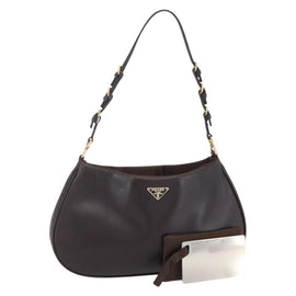 PRADA Accessory Pouch Leather Dark Brown Gold Auth 149220V